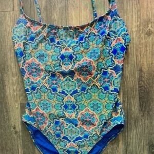 Vibrant Blue Patterned Kids Swim One Piece